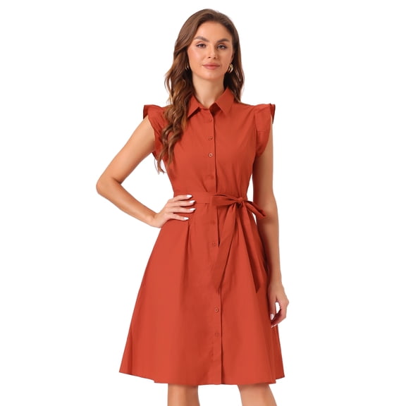 DARING DIVA Ruffled Sleeve Button Down Belted Knee Length Shirt Dress S Burnt Orange