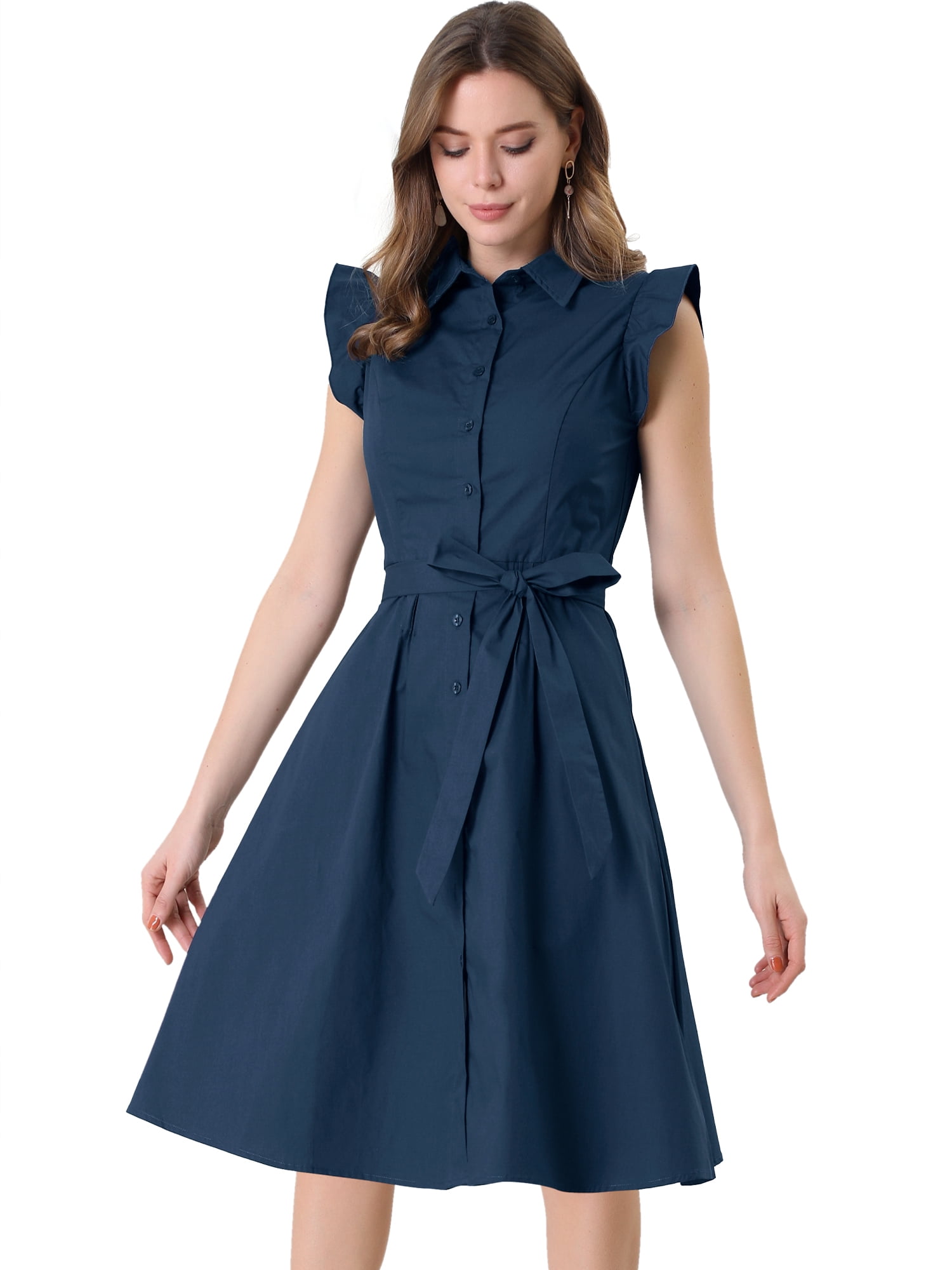 DARING DIVA Ruffled Sleeve Button Down Belted Knee Length Shirt Dress S Navy Blue