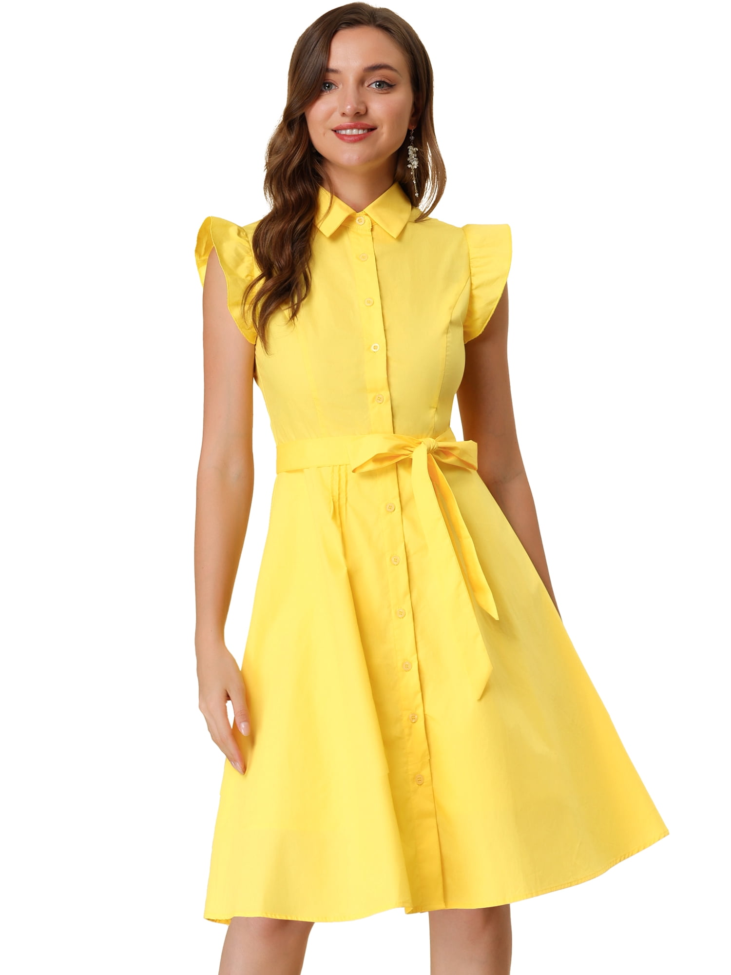 DARING DIVA Ruffled Sleeve Button Down Belted Knee Length Shirt Dress S Yellow