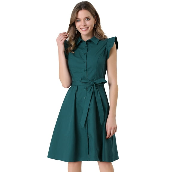 DARING DIVA Ruffled Sleeve Button Down Belted Knee Length Shirt Dress XL Dark Green