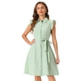 thumbnail image 1 of DARING DIVA Ruffled Sleeve Button Down Belted Knee Length Shirt Dress XL Sage Green, 1 of 6