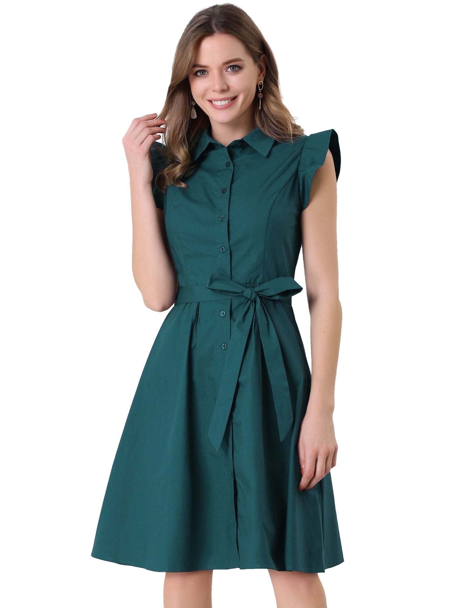 DARING DIVA Ruffled Sleeve Button Down Belted Knee Length Shirt Dress XS Dark Green