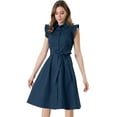 thumbnail image 1 of DARING DIVA Ruffled Sleeve Button Down Belted Knee Length Shirt Dress XS Navy Blue, 1 of 6