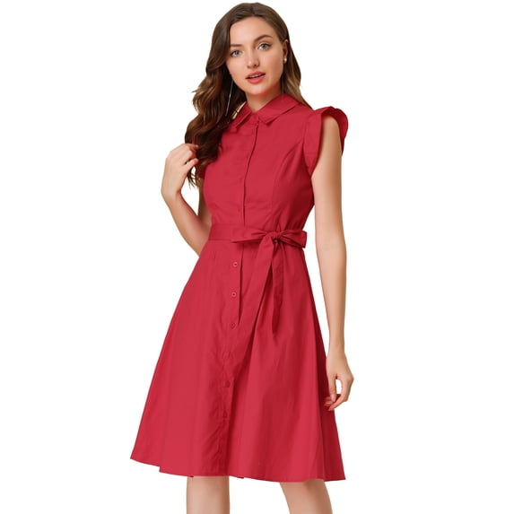 DARING DIVA Ruffled Sleeve Button Down Belted Knee Length Shirt Dress XS Red