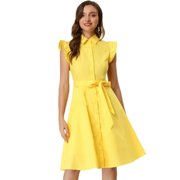 DARING DIVA Ruffled Sleeve Button Down Belted Knee Length Shirt Dress XS Yellow