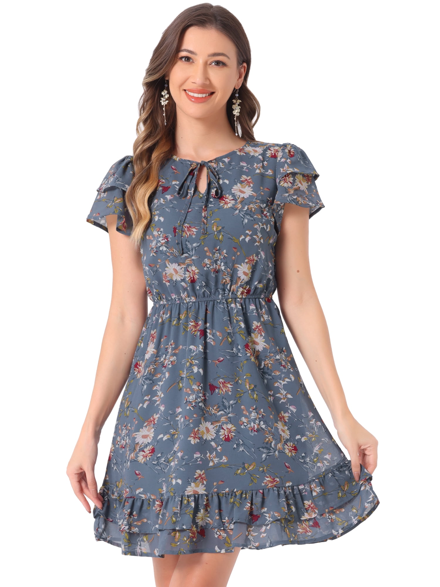 DARING DIVA Ruffled Sleeve Chiffon A-Line Floral Ruffle Minidress M Dusty Blue