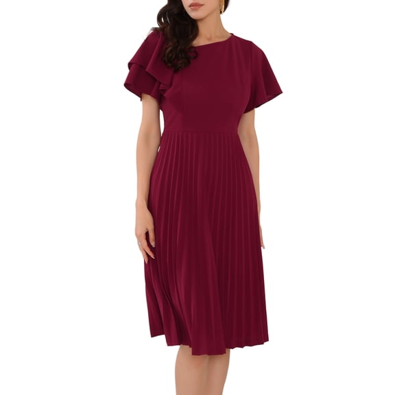 DARING DIVA Ruffled Sleeve Midi A-Line Pleated Work Dress M Dark Red