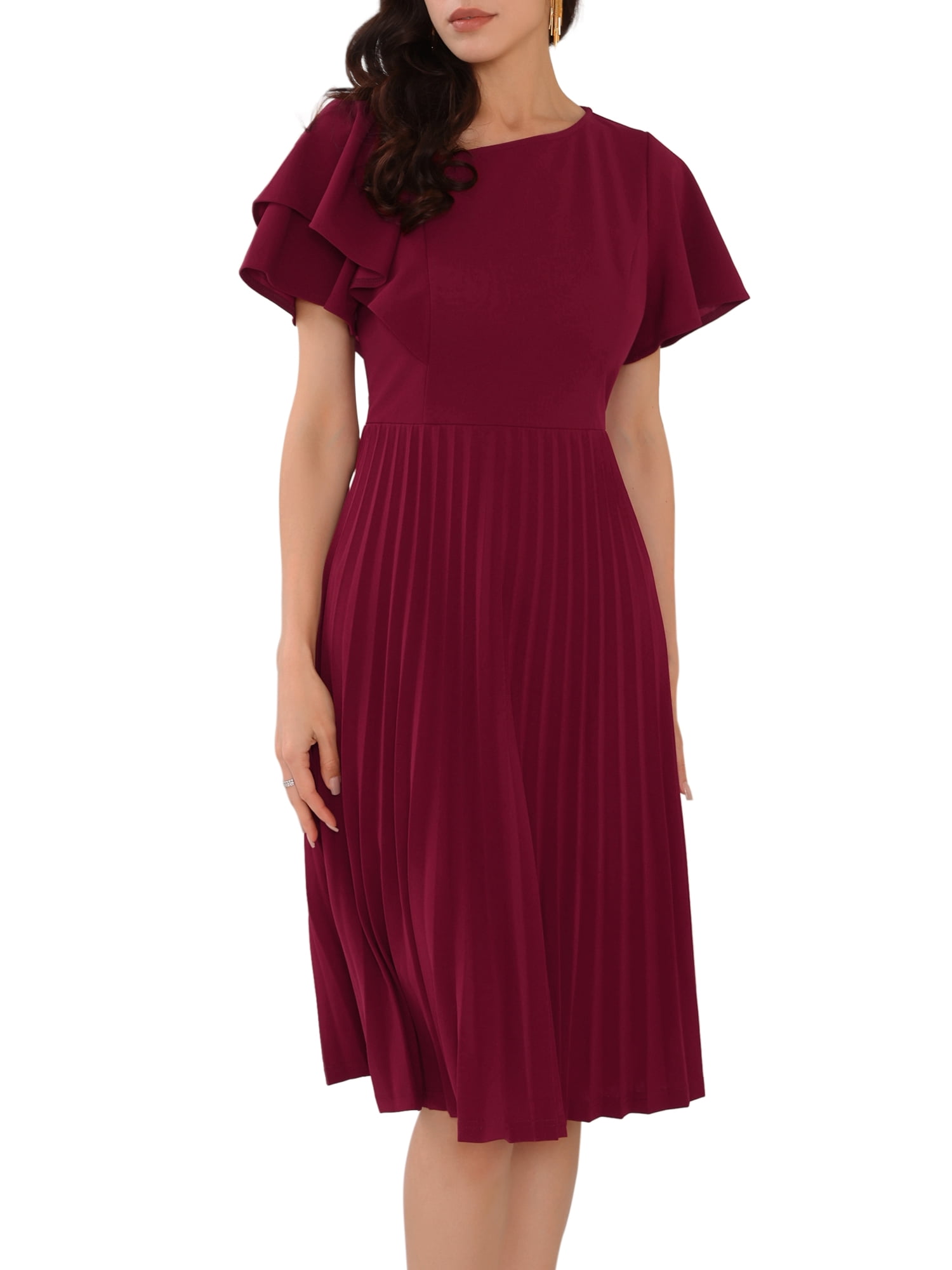 DARING DIVA Ruffled Sleeve Midi A-Line Pleated Work Dress S Dark Red