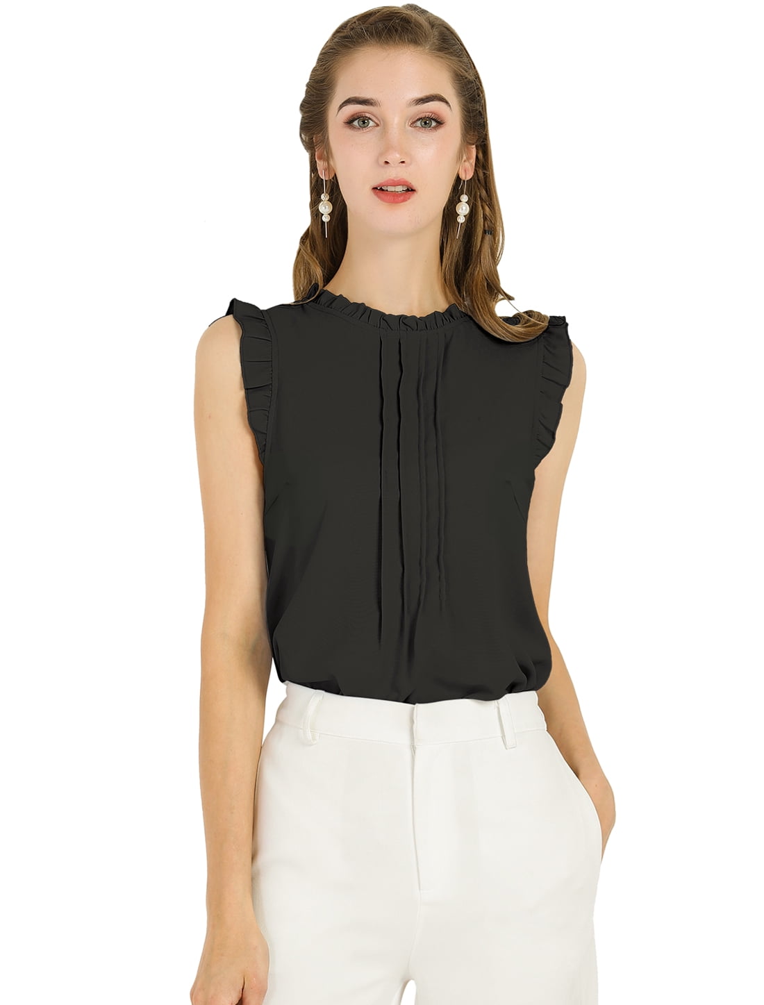 DARING DIVA Ruffled Trim Pleated Plain Blouse Top 3XL Black