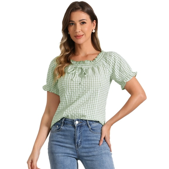 DARING DIVA Ruffles Puff Sleeve Gingham Plaid Top M Green