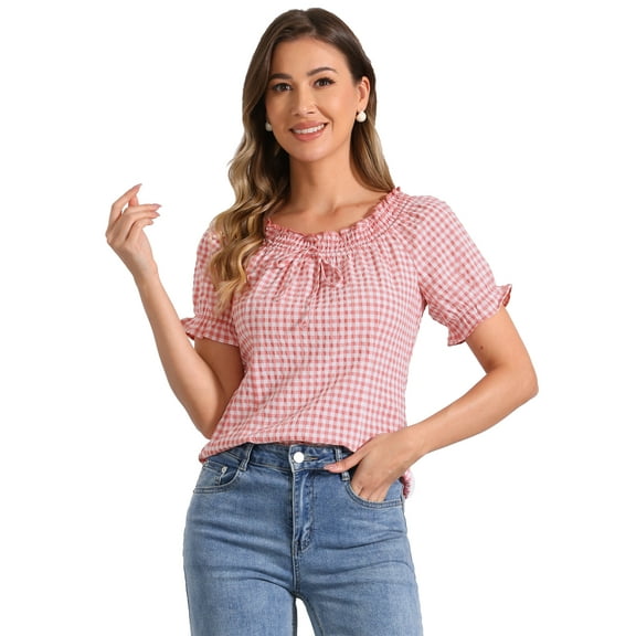 DARING DIVA Ruffles Puff Sleeve Gingham Plaid Top S Pink
