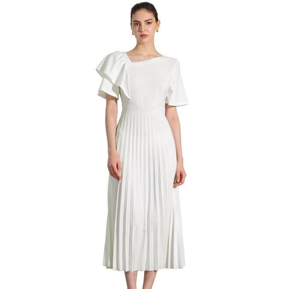 DARING DIVA Ruffles Short Sleeves Pleated Hem Midi Dress L White