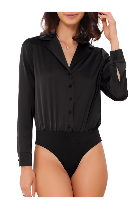Satin Bodysuit Button Up Long Sleeve Shirt M Black