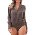 thumbnail image 1 of DARING DIVA Satin Bodysuit Button Up Long Sleeve Shirt X-Large Coffee, 1 of 6