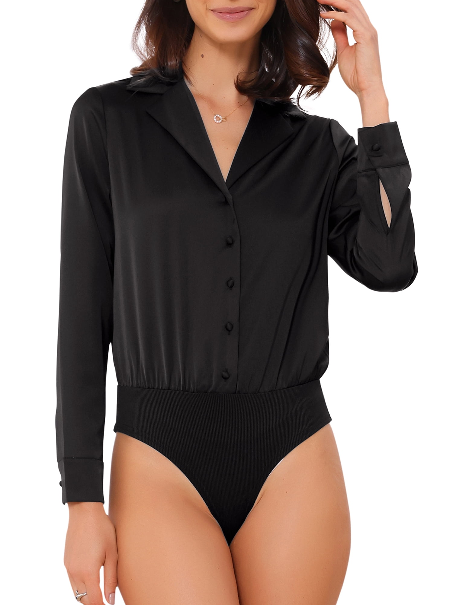 DARING DIVA Satin Bodysuit Button Up Long Sleeve Shirt XS Black