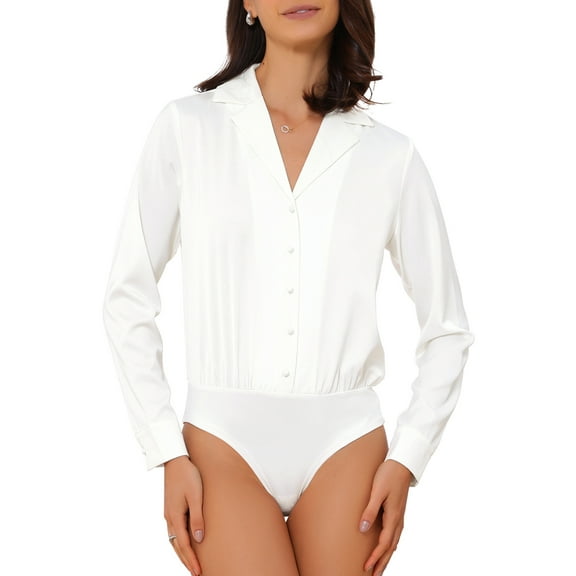 DARING DIVA Satin Bodysuit Button Up Long Sleeve Shirt XS White