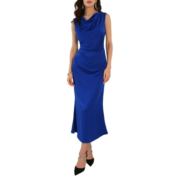 DARING DIVA Satin Cocktail Cowl Neck Ruched Sleeveless Maxi Dress S Royal Blue