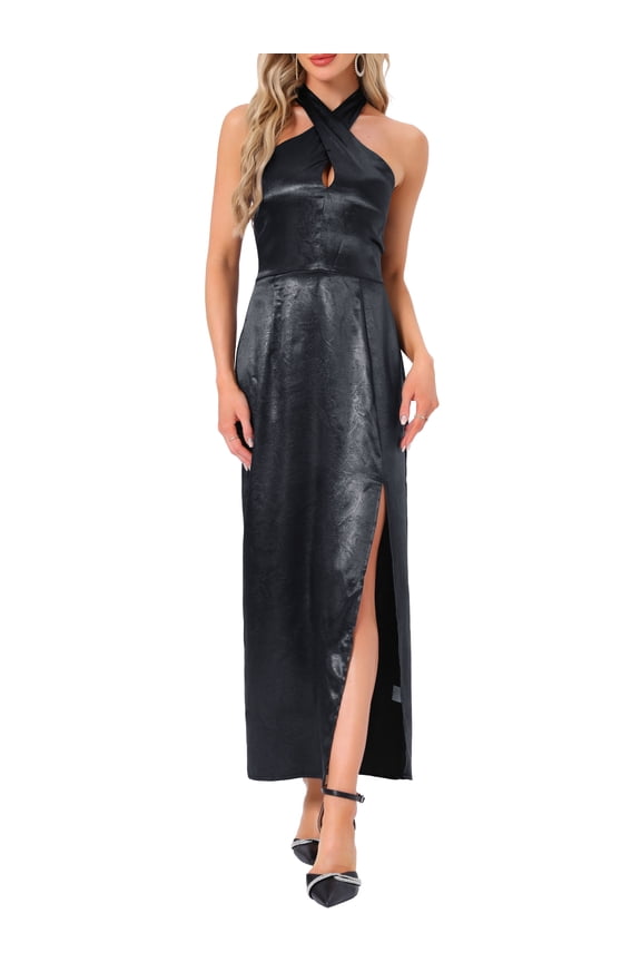 Women's Satin Cocktail Halter Deep V Neck Sleeveless Dress L Black