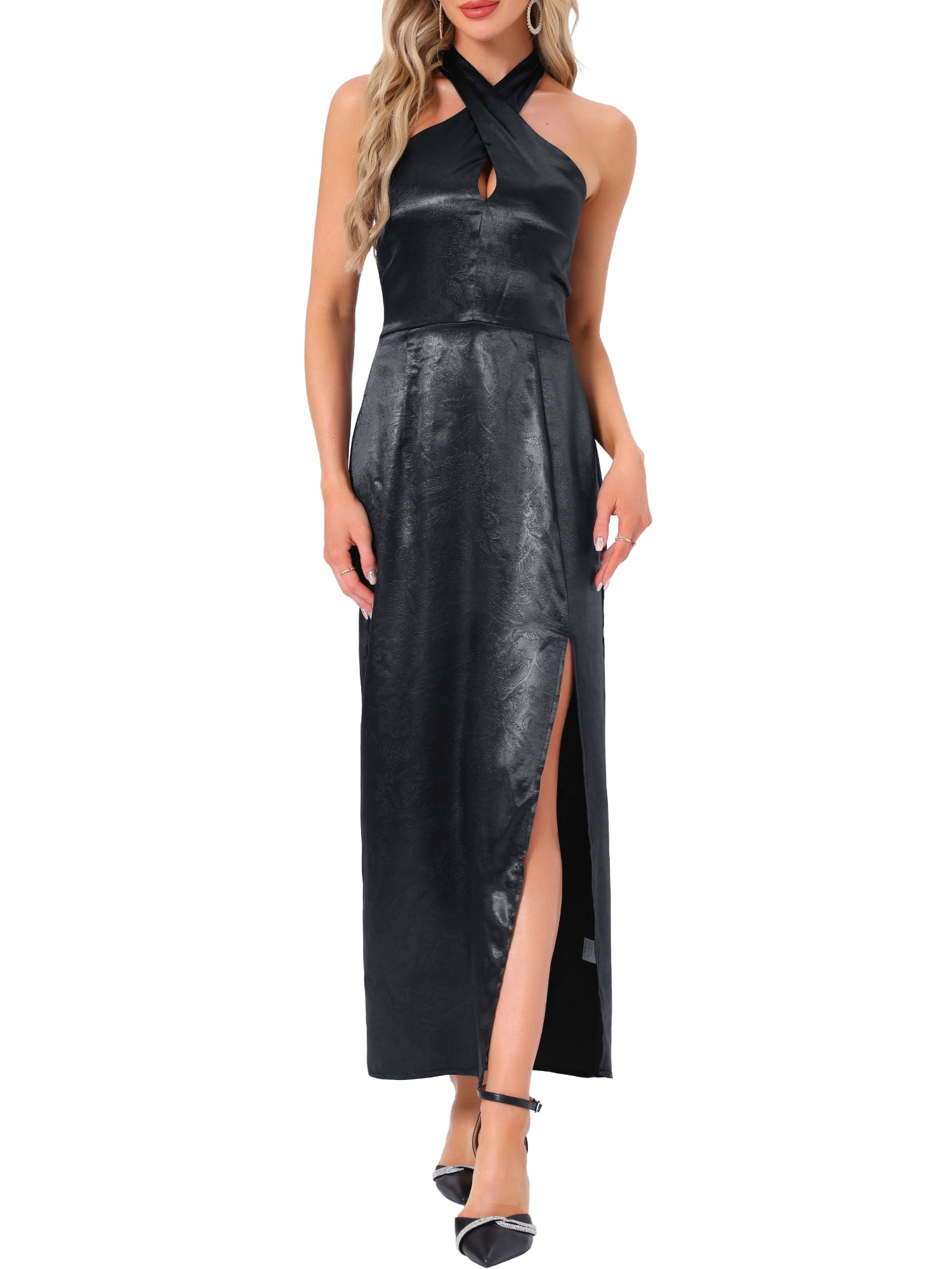 DARING DIVA Women's Satin Cocktail Halter Deep V Neck Sleeveless Dress S Black