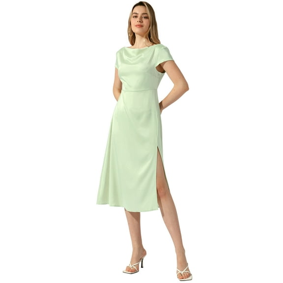 DARING DIVA Satin Cowl Neck Cap Sleeve Backless Split Midi Dress L Light Green