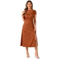thumbnail image 1 of DARING DIVA Satin Cowl Neck Cap Sleeve Backless Split Midi Dress M Brown, 1 of 6