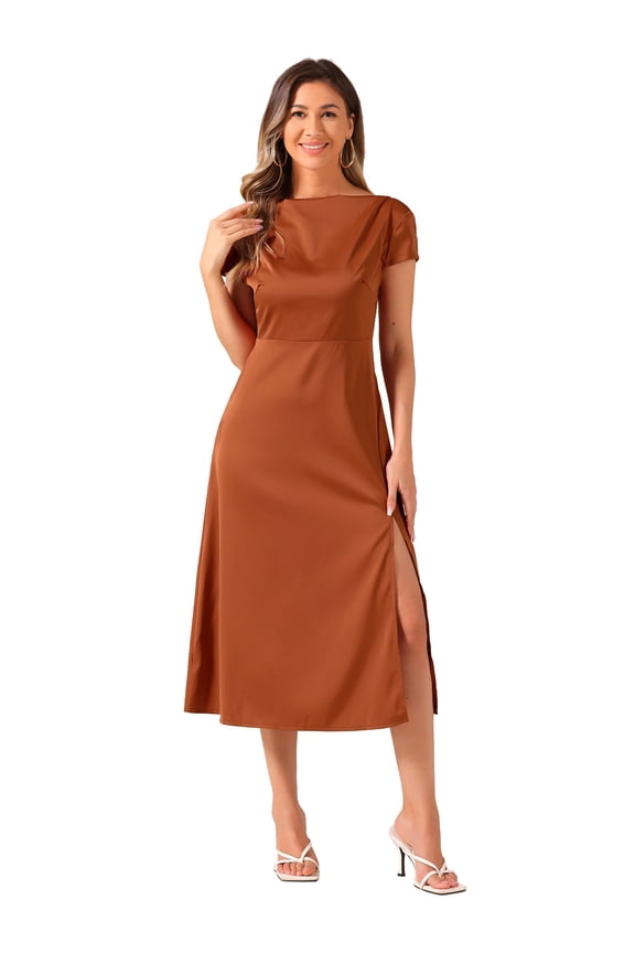 Satin Cowl Neck Cap Sleeve Backless Split Midi Dress M Brown