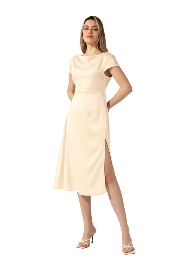Satin Cowl Neck Cap Sleeve Backless Split Midi Dress S Champagne