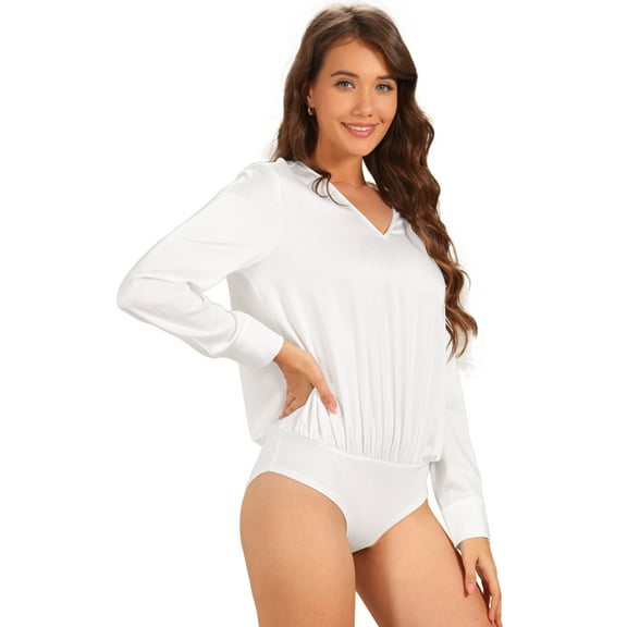 DARING DIVA Satin Leotard V Neck Long Sleeve Bodysuit Tops S White