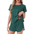 thumbnail image 1 of DARING DIVA Satin Pajama Short Sleeve Crew Neck Top Set M Dark Green, 1 of 6