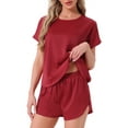 thumbnail image 1 of DARING DIVA Satin Pajama Short Sleeve Crew Neck Top Set M Dark Red, 1 of 6