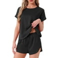 thumbnail image 1 of DARING DIVA Satin Pajama Short Sleeve Crew Neck Top Set S Black, 1 of 6
