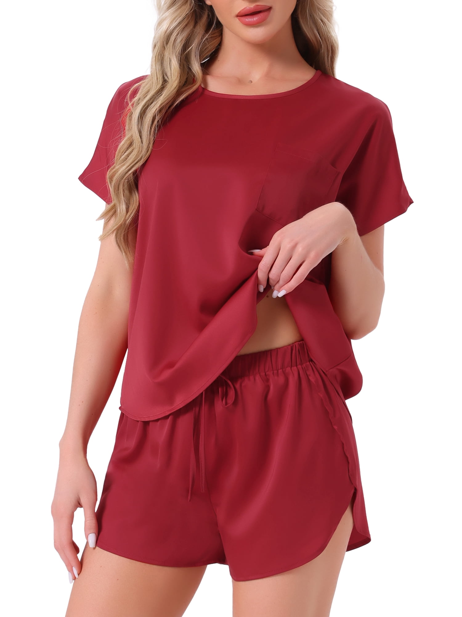 DARING DIVA Satin Pajama Short Sleeve Crew Neck Top Set S Dark Red