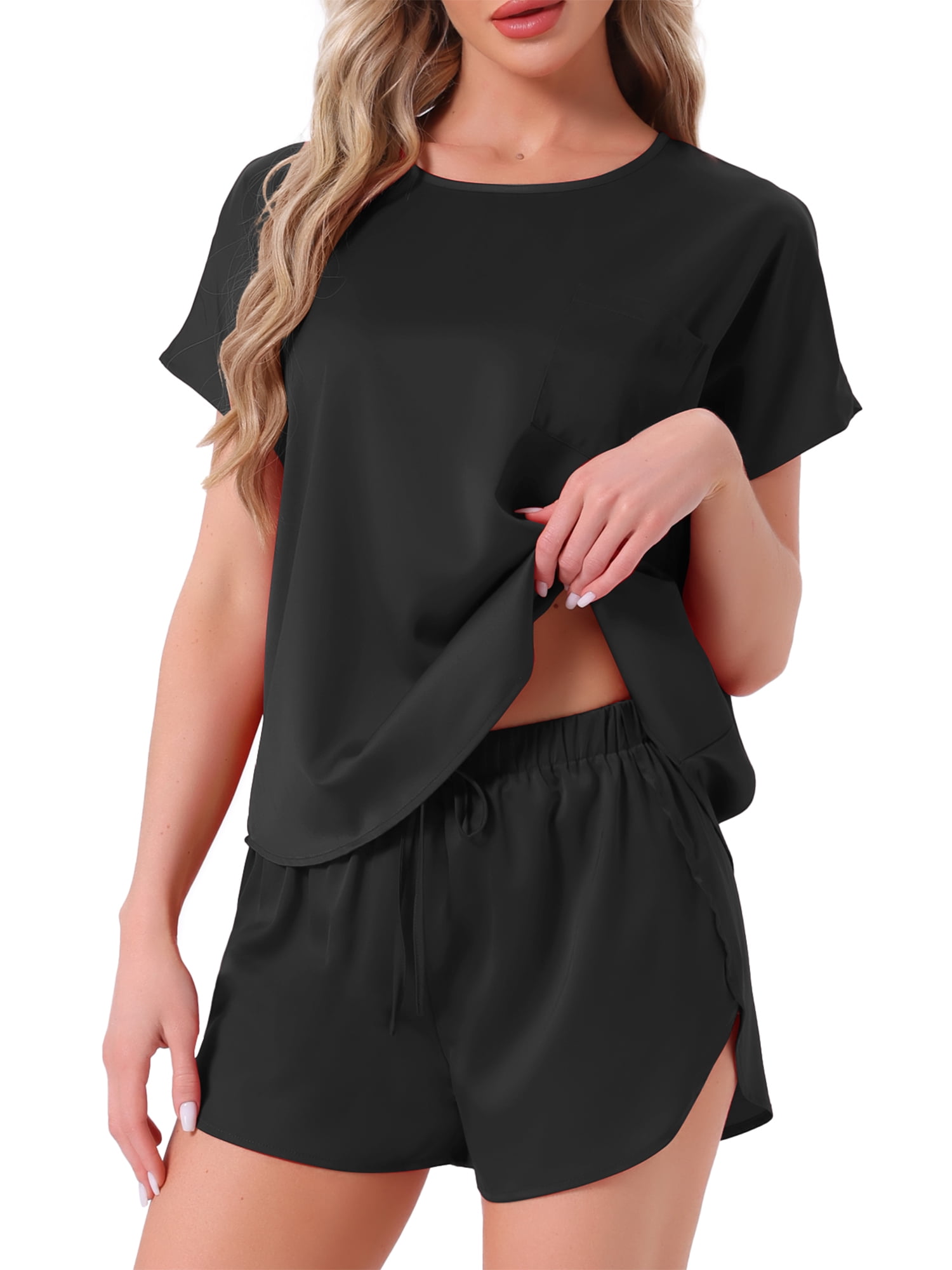 DARING DIVA Satin Pajama Short Sleeve Crew Neck Top Set XL Black