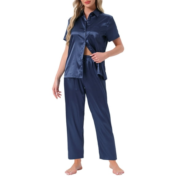 DARING DIVA Satin Pajamas Silky Button Down Short Sleeve Shirt Pants Set L Navy