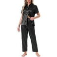 thumbnail image 1 of DARING DIVA Satin Pajamas Silky Button Down Short Sleeve Shirt Pants Set M Black, 1 of 7