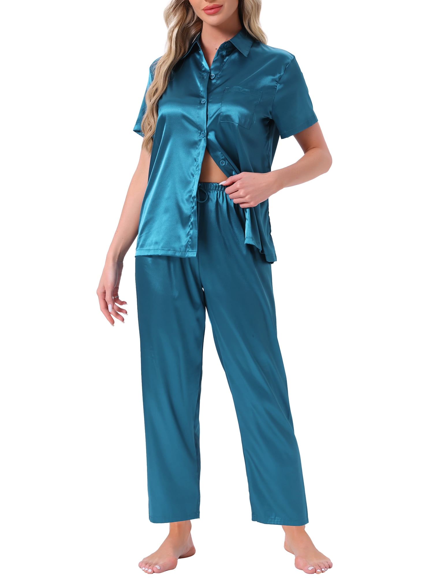 DARING DIVA Satin Pajamas Silky Button Down Short Sleeve Shirt Pants Set M Peacock Blue
