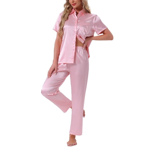 DARING DIVA Satin Pajamas Silky Button Down Short Sleeve Shirt Pants Set M Pink
