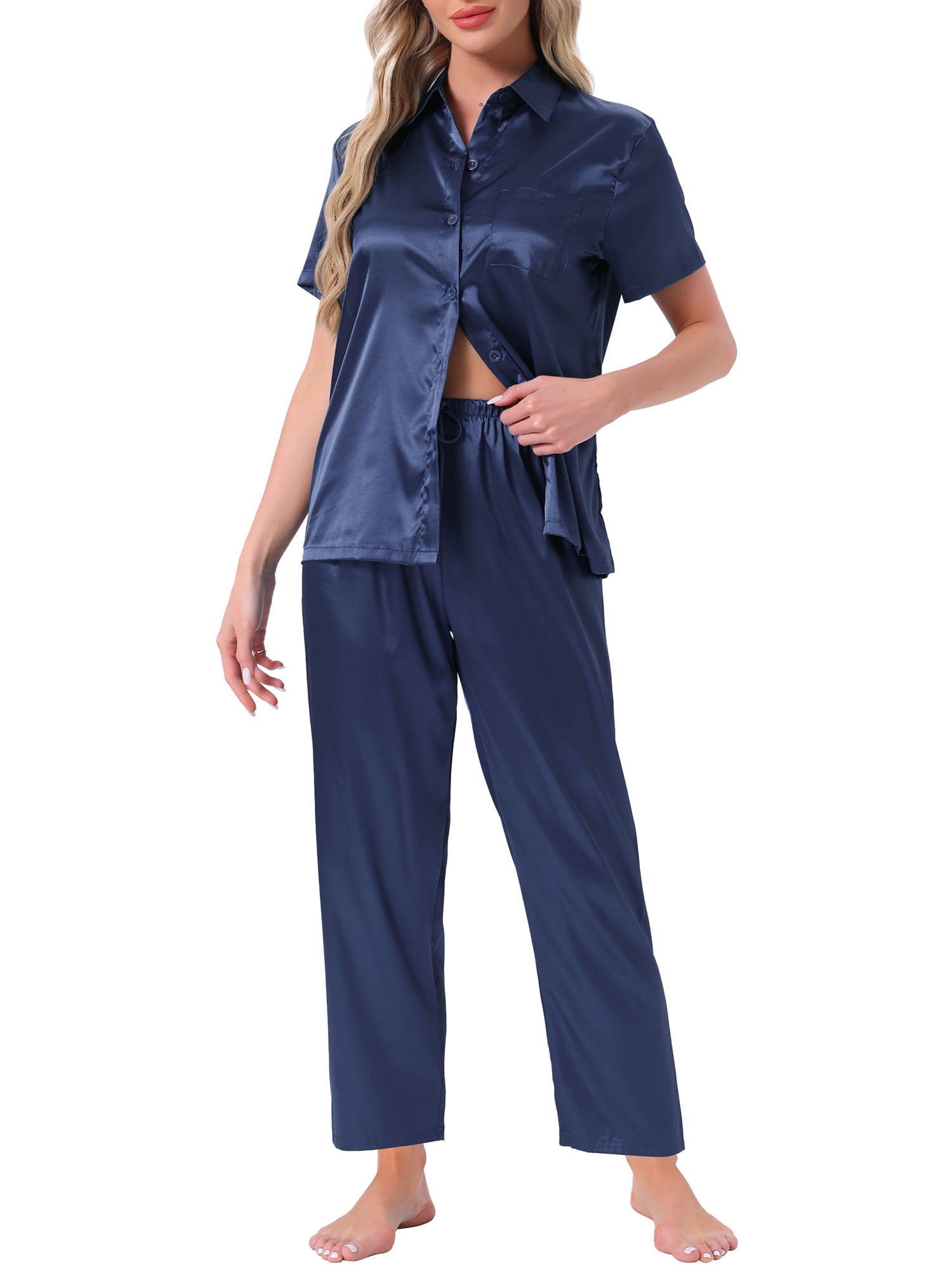 DARING DIVA Satin Pajamas Silky Button Down Short Sleeve Shirt Pants Set S Navy