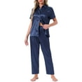 thumbnail image 1 of DARING DIVA Satin Pajamas Silky Button Down Short Sleeve Shirt Pants Set S Navy, 1 of 7