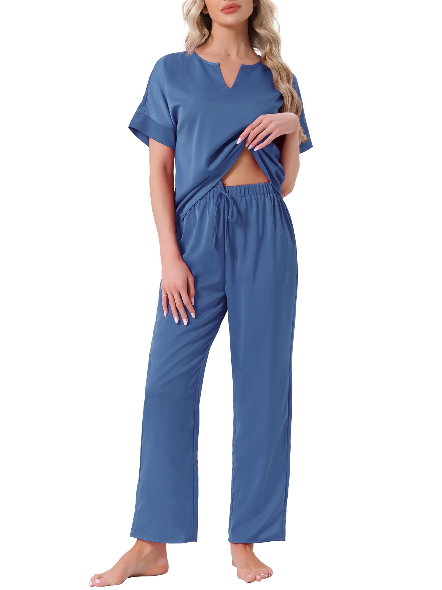 DARING DIVA Satin Pajamas Silky Short Sleeve V Neck Shirt Long Pant Set L Blue
