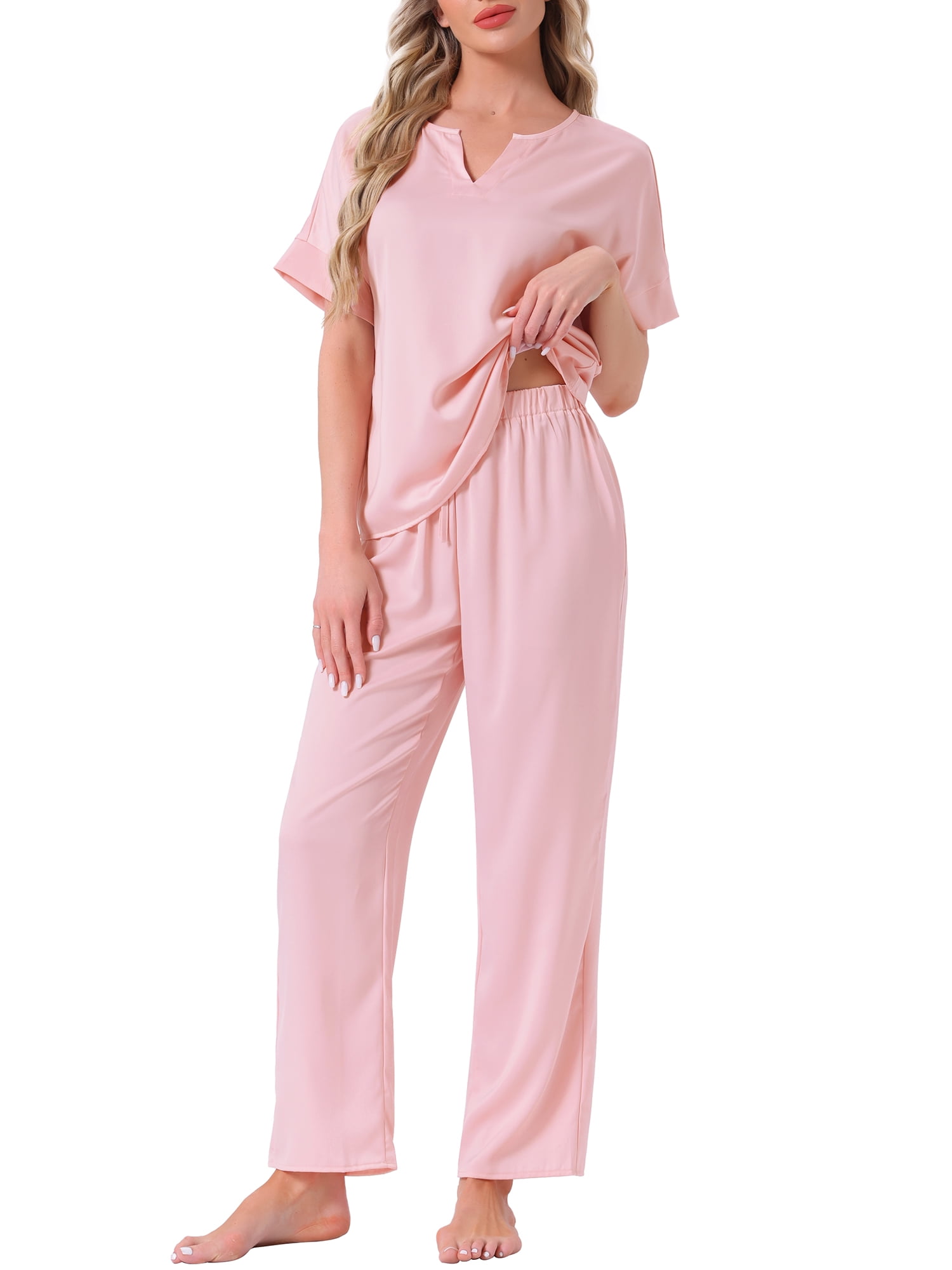 DARING DIVA Satin Pajamas Silky Short Sleeve V Neck Shirt Long Pant Set L Pink