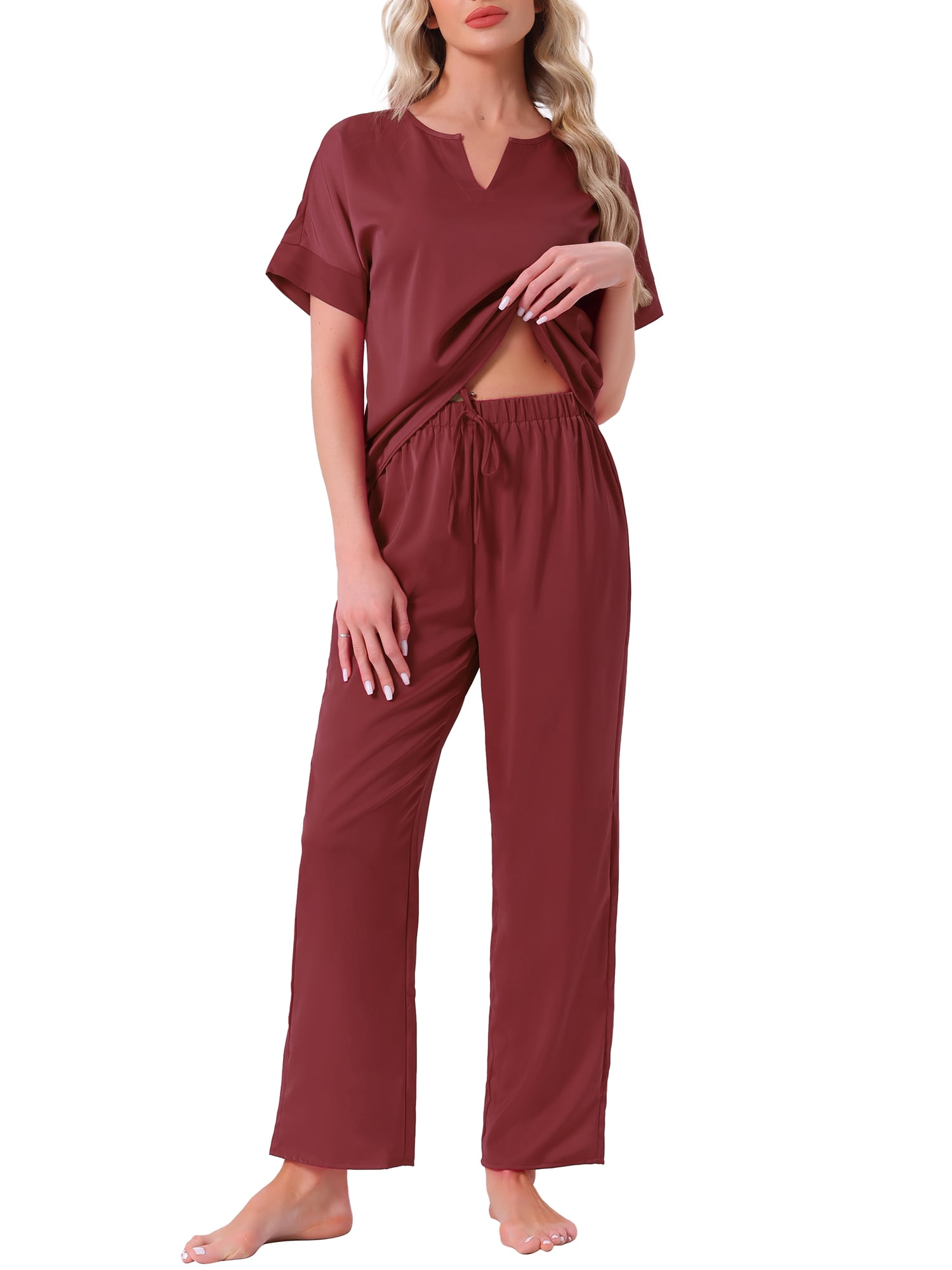 DARING DIVA Satin Pajamas Silky Short Sleeve V Neck Shirt Long Pant Set L Red