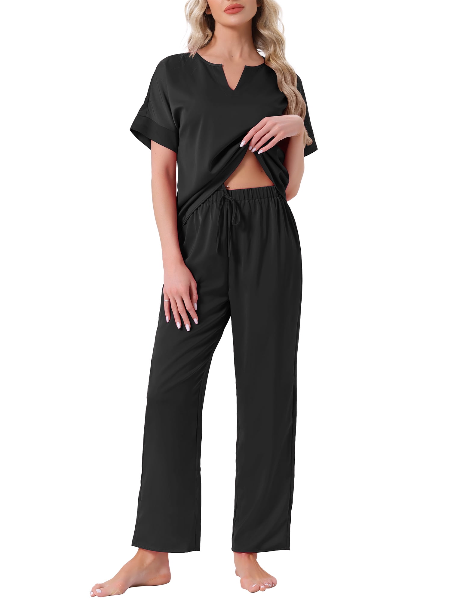 DARING DIVA Satin Pajamas Silky Short Sleeve V Neck Shirt Long Pant Set M Black
