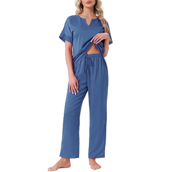 DARING DIVA Satin Pajamas Silky Short Sleeve V Neck Shirt Long Pant Set M Blue