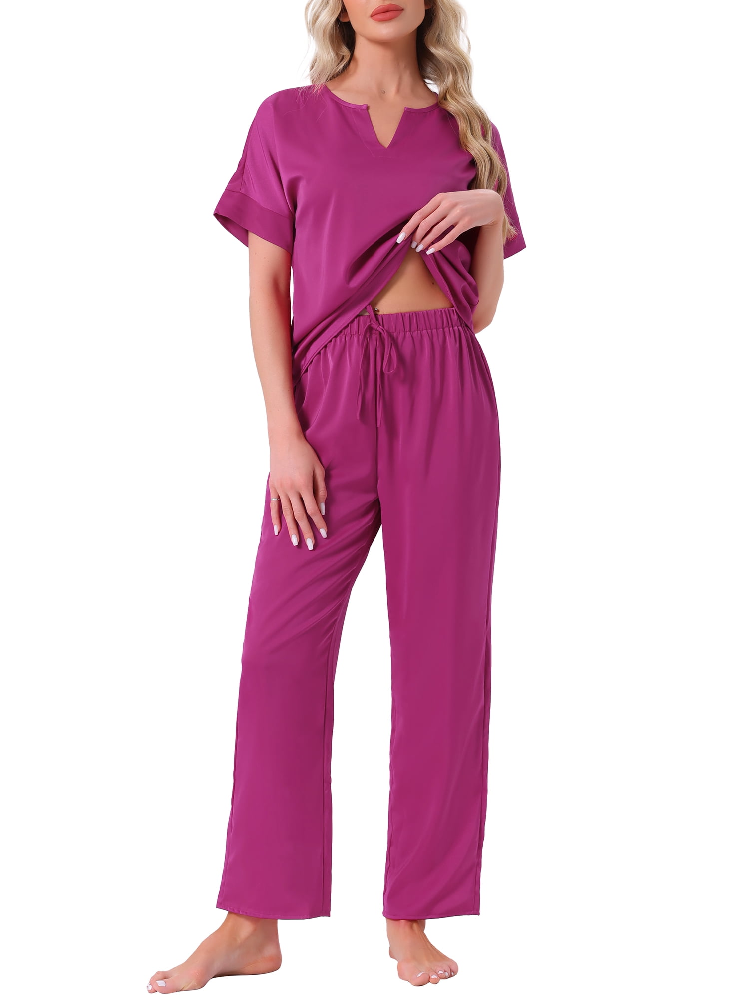 DARING DIVA Satin Pajamas Silky Short Sleeve V Neck Shirt Long Pant Set M Hot Pink