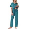 thumbnail image 1 of DARING DIVA Satin Pajamas Silky Short Sleeve V Neck Shirt Long Pant Set M Peacock Green, 1 of 7