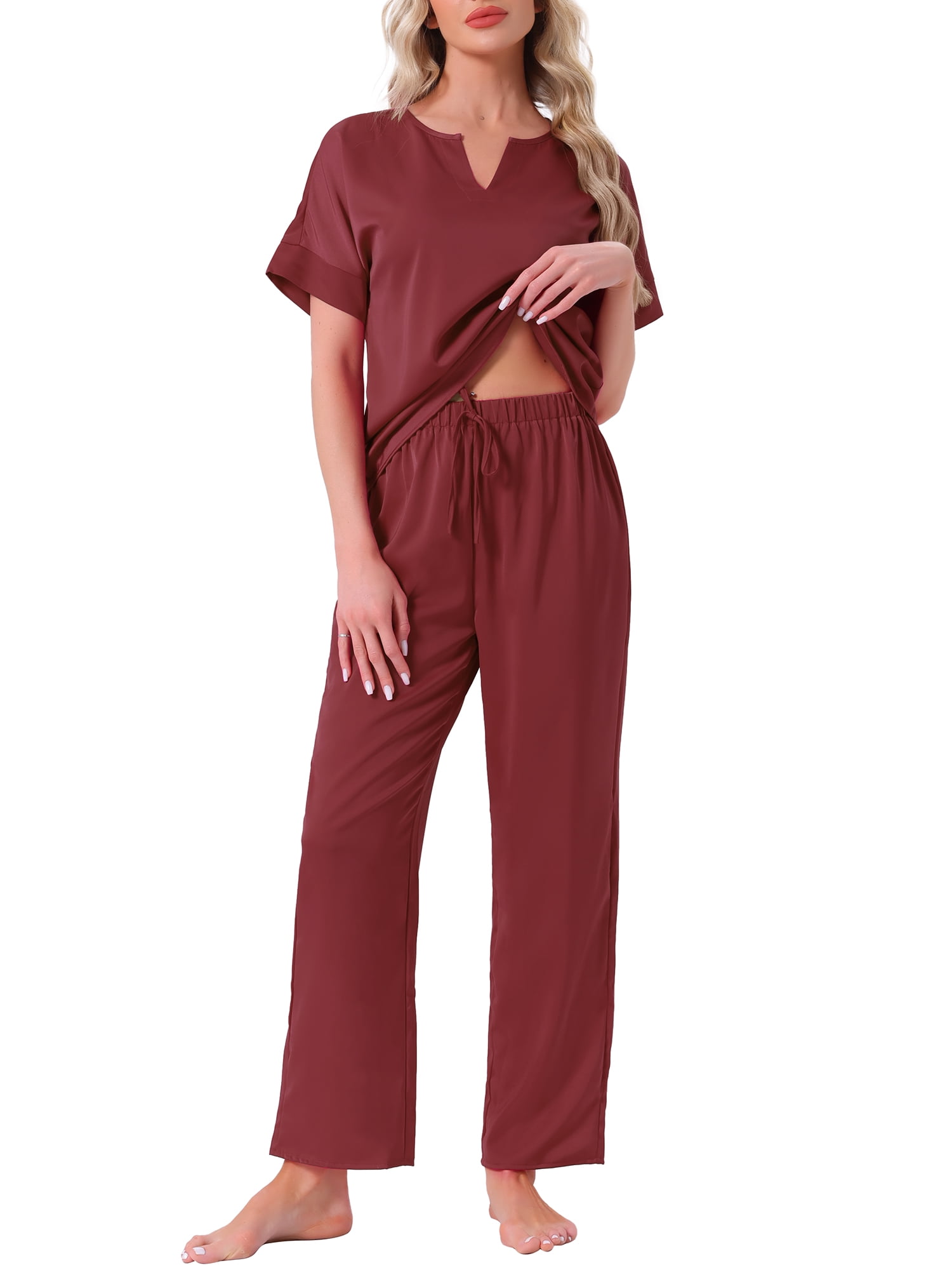 DARING DIVA Satin Pajamas Silky Short Sleeve V Neck Shirt Long Pant Set M Red