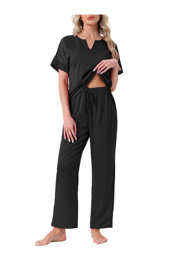 Satin Pajamas Silky Short Sleeve V Neck Shirt Long Pant Set S Black