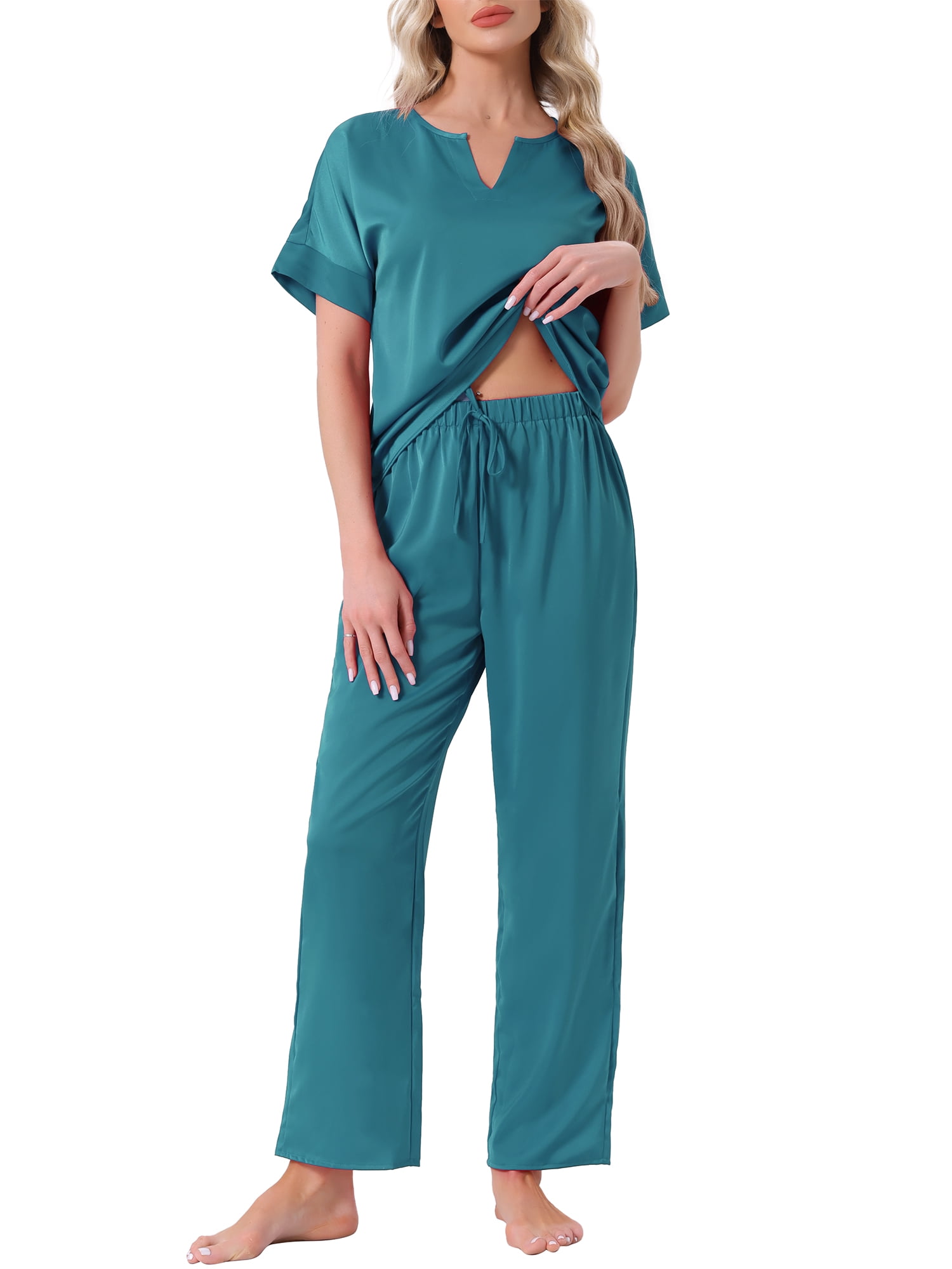 DARING DIVA Satin Pajamas Silky Short Sleeve V Neck Shirt Long Pant Set S Peacock Green