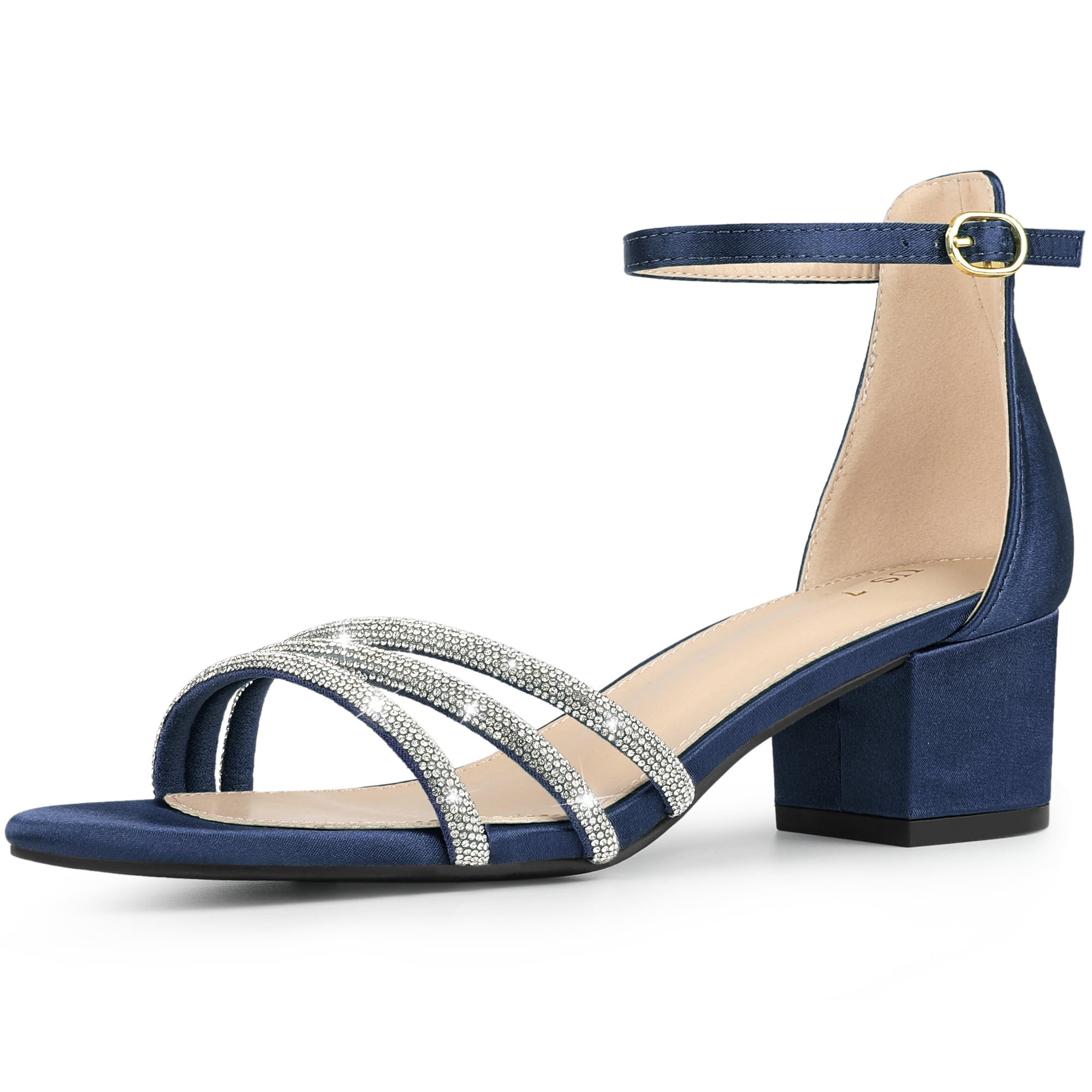 DARING DIVA Satin Rhinestones Open Toe Chunky Heel Sandals for Women Navy Blue 7.5